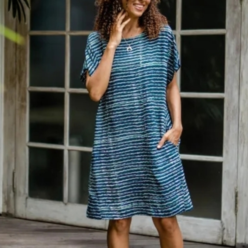 Novica Women's Handmade Ocean Wave Blue Stripe Rayon Balinese Batik Shift Dress‎